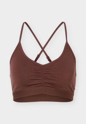 Even&Odd active, LOW SUPPORT SPORTS BRA WITH FRONT RUCHING AND CROSS BACK - Športová podprsenka s nízkou podporou - dark brown