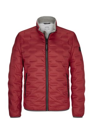 Rote gepolsterte Jacke mit durchgehendem Reißverschluss, Stehkragen, schwarzen Reißverschlusstaschen und kontrastierenden grauen Akzenten am Saum und an den Bündchen.