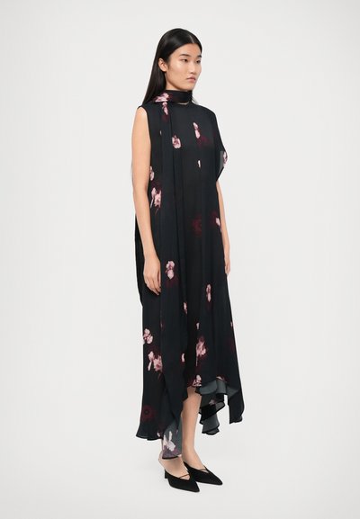 Black floral maxi dress with a high neckline, short sleeves, and an asymmetrical hemline. Features pink and burgundy flower patterns.