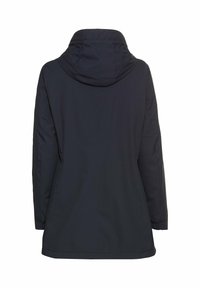 Veste à capuche bleu marine foncé au design épuré, fabriquée en matériau lisse et résistant à l'eau, avec des manches longues et une coupe décontractée.