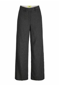Pantalons larges en tissu gris foncé avec une finition texturée. Dotés d'un devant plat, de deux poches latérales et d'une fermeture à glissière.