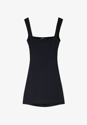 Czarna mini sukienka bez rękawów z kwadratowym dekoltem i dopasowanym krojem, przedstawiona na płasko na białym tle.