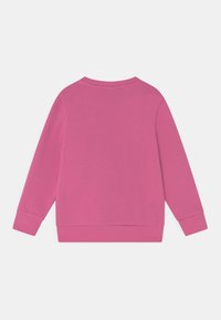 Růžová mikina s dlouhými rukávy, žebrovanými manžetami a lemem, vyrobená z měkké látky. Zadní strana je jednobarevná bez dalších vzorů nebo grafik.