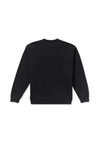 Black crewneck sweatshirt with long sleeves, made of soft material. Features ribbed cuffs and hem, plain design, suitable for casual wear.