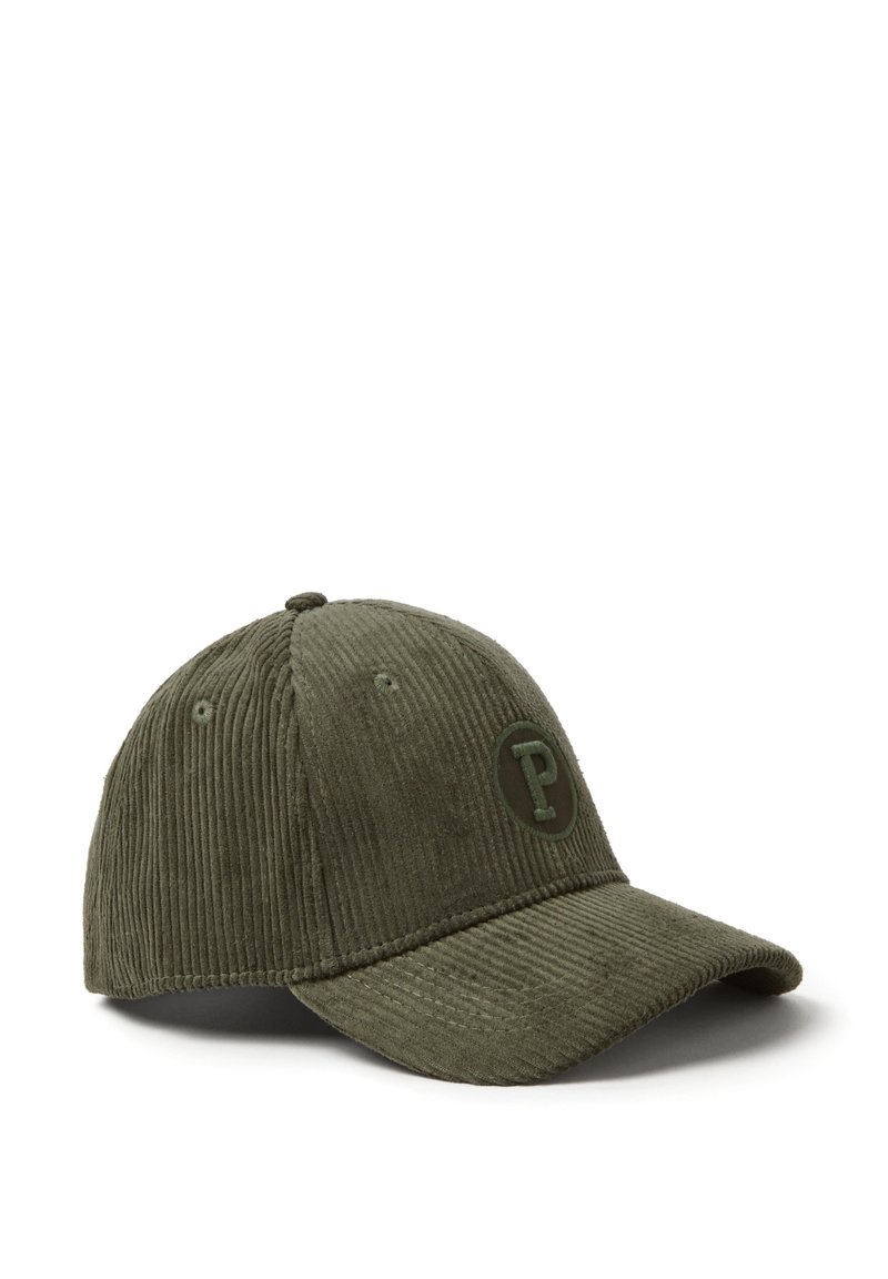 Olive green corduroy baseball cap with curved brim and embroidered letter "P" on front panel.