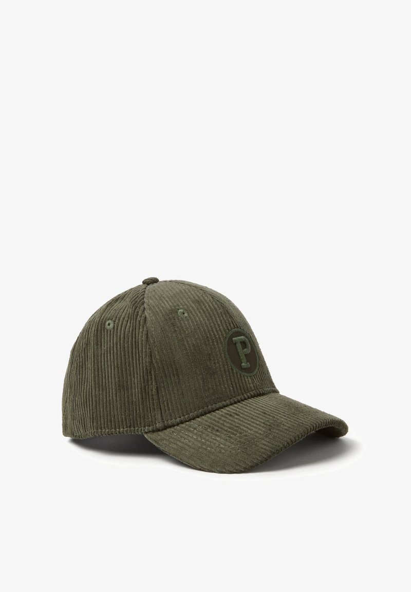 Cappellino da baseball in corduroy verde oliva con visiera curva e lettera "P" ricamata sul pannello anteriore.