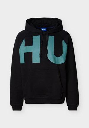 Black hooded sweatshirt with large teal "HU" letters on the front and a front kangaroo pocket, displayed on a white background.