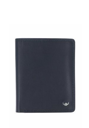 Black leather bifold wallet with visible stitching and a small silver logo in the lower right corner.