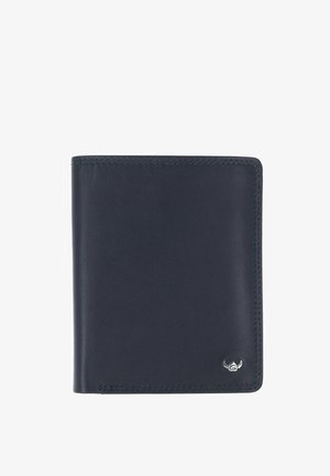 Portefeuille bifold en cuir noir avec couture visible et petit logo argenté dans le coin inférieur droit.