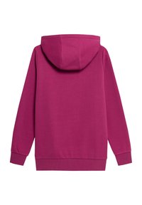 Felpa con cappuccio fucsia realizzata in tessuto morbido, con un cappuccio ampio, polsini ed orlo elasticizzati, caratterizzata da una texture liscia e semplice.