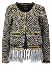 Veste à motifs noirs et crème avec des dessins géométriques complexes, des accents dorés et bleus, et des détails en franges argentées à l'ourlet.