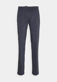 Pantaloni navy con un piccolo motivo a scacchi, realizzati in tessuto leggero. Presentano una vita con cordino e un design a gamba dritta.