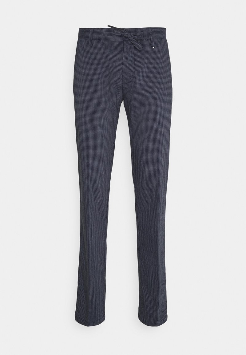 Pantaloni navy con un piccolo motivo a scacchi, realizzati in tessuto leggero. Presentano una vita con cordino e un design a gamba dritta.