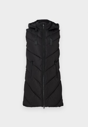 Gilet sans manches matelassé noir avec capuche, fermeture éclair à l'avant et poches latérales zippées, exposé sur un fond clair uni.