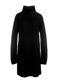 Svart stickad polotröja med ribbat mönster, långa ärmar och avslappnad passform, som sträcker sig till mitten av låren.