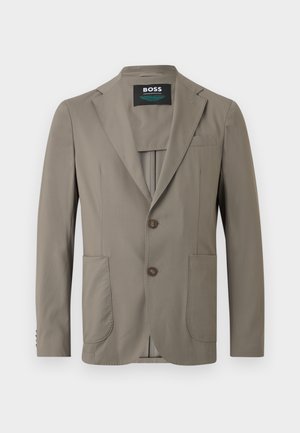 Meeste tumehalli (taupe) ülikonnajakk sälgude jaotusega kraega, kahe ees oleva nupu, kahe pealepandava tasku ja rinnataskuga, krae siseküljel BOSSi silt.