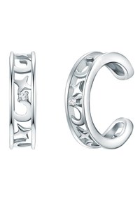 Sølv hoopøreringe med udskårne stjernemønstre og små klare ædelstene, med en glat, poleret finish og buet design.