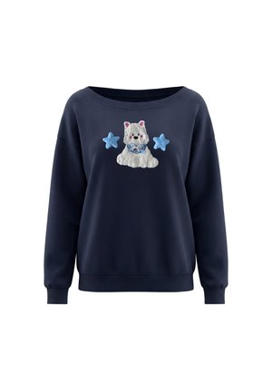 Marineblå langærmet sweater med en hvid hund og to blå stjerner broderet på forsiden.