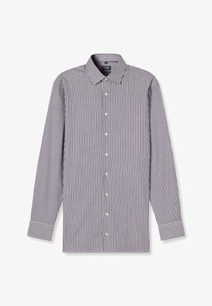 Gestreiftes Hemd mit Knöpfen in Marineblau und Weiß. Verfügt über einen spitzen Kragen, lange Ärmel und weiße Knopfverschlüsse an der Vorderseite.