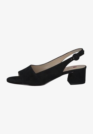 Black suede slingback sandal with an open toe, block heel, and a circular buckle detail on the strap. Smooth interior lining.