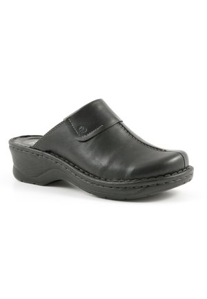 Black leather clogs with a rounded toe, stitched detailing, and a low, contoured wedge heel. Slip-on design with a flat sole.