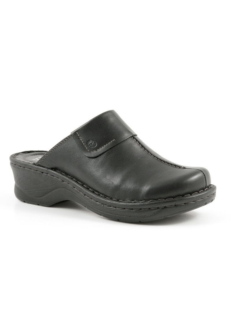 Zoccoli in pelle nera con punta arrotondata, dettagli cuciti e tacco wedge basso e sagomato. Design senza chiusura con suola piatta.