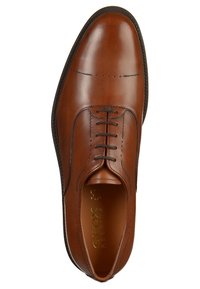Chaussure Oxford classique pour homme en cuir marron avec un laçage fermé, finition lisse et couture décorative discrète sur le bout.