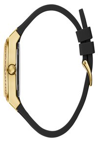 Reloj inteligente en tono dorado con una caja rectangular, correa de silicona negra y acentos en oro rosa. Presenta un diseño minimalista y una textura suave.