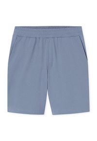 Vaaleansiniset joustovyötärölliset shortsit sivutaskuilla, polvipituinen, pehmeästä kankaasta valmistettu.