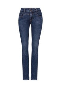 Jeans en denim bleu foncé avec une coupe droite, dotés de poches avant, d'une fermeture à bouton et de surpiqûres le long des coutures.
