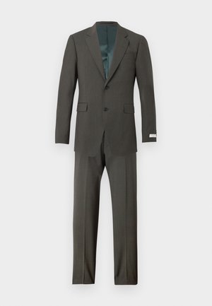 Tumehall kaheosaline meeste ülikond sälguräävaga jaku, kahe esimese klapiga tasku ja sobivate sirgete pükstega.