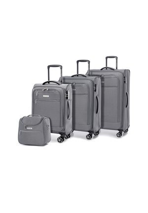 Conjunto de equipaje gris que incluye tres maletas y una bolsa más pequeña. Cada pieza cuenta con un tejido texturizado, asas retráctiles y ruedas multidireccionales.