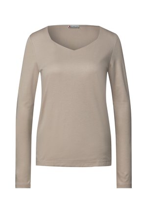 Langärmliges Oberteil in Beige mit V-Ausschnitt. Aus glattem Stoff gefertigt, mit einer taillierten Silhouette und ohne auffällige Muster oder Akzente.