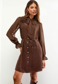 Braunes Chiffonkleid mit gebundenem Kragen und floralem Akzent, mit langen Ärmeln und durchgehender Knopfleiste, tailliert mit einem Gürtel.