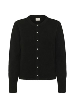 Black cardigan made of soft fabric, featuring long sleeves, a round neckline, and a row of five shiny buttons down the front.