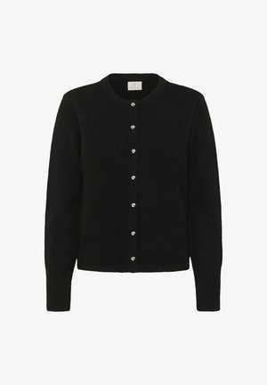 Black cardigan made of soft fabric, featuring long sleeves, a round neckline, and a row of five shiny buttons down the front.