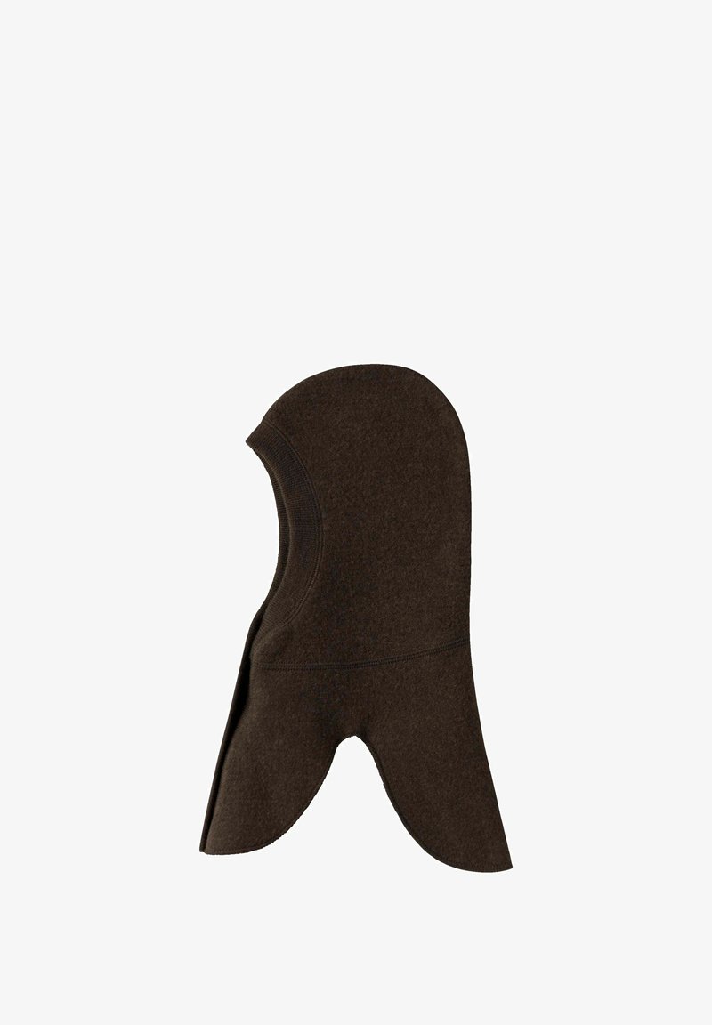 Tamsiai ruda fleecinė balaklava su prailginta kaklo apdangą ir raukšlėtą apdailą aplink veido angą.