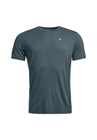Dark teal short-sleeve athletic t-shirt made from soft fabric, featuring a round neck and black side accents for enhanced design.