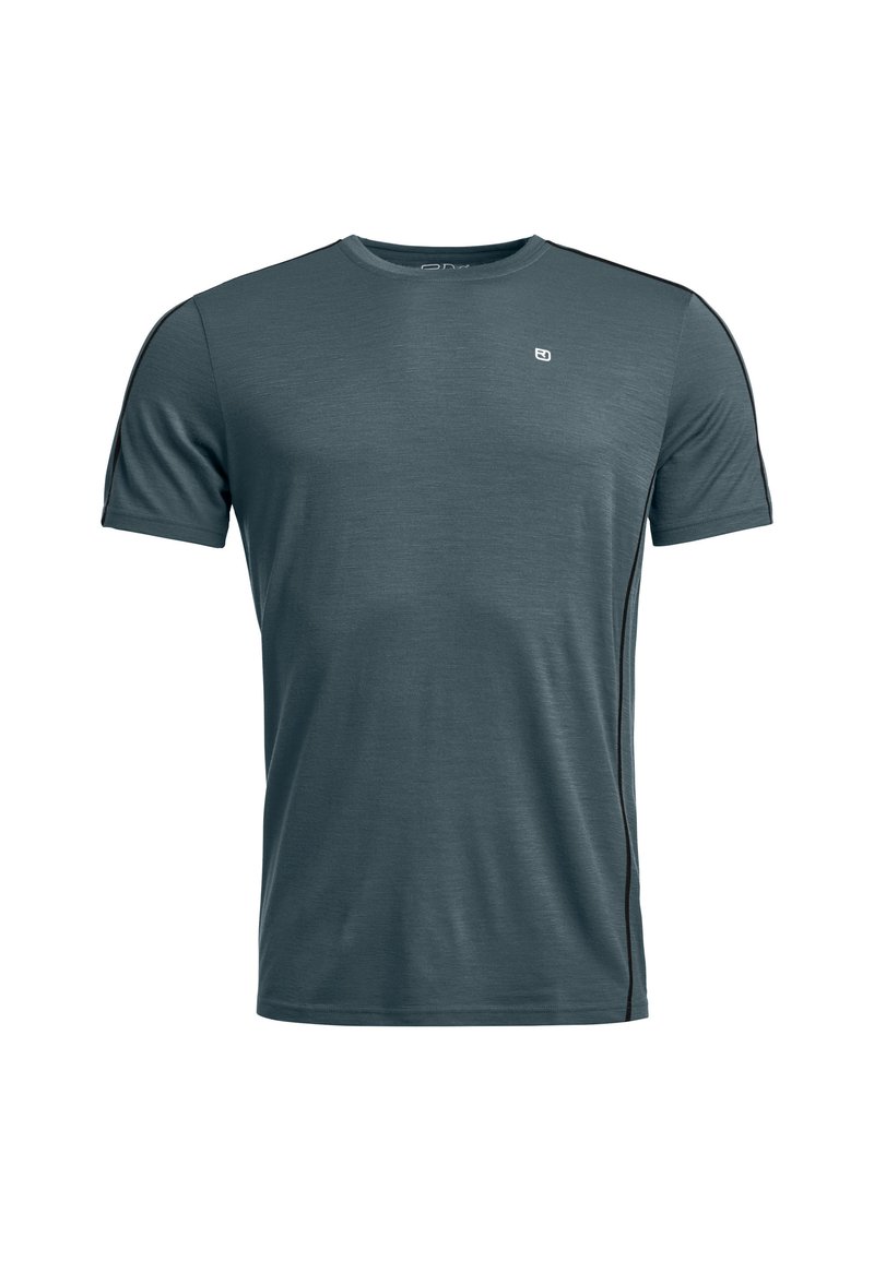Dark teal short-sleeve athletic t-shirt made from soft fabric, featuring a round neck and black side accents for enhanced design.