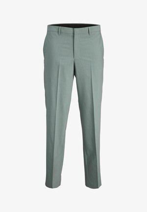 Light green tailored trousers with a smooth texture, featuring a flat front, double pleats, and a classic straight leg cut.