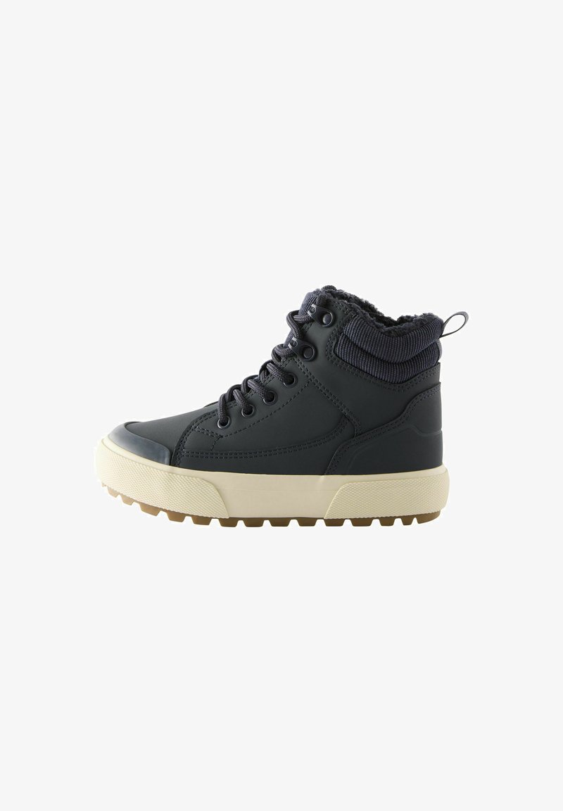 High-top boots in dark grey synthetic material with a textured collar, rubber toe cap, and a light rubber sole featuring a traction pattern.