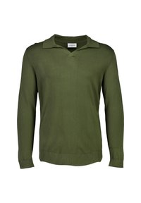 Olivengrüner Strickpullover mit V-Ausschnitt und doppeltem Kragen. Lange Ärmel, gerippte Bündchen und Saum, glatte Textur, lässige Passform.