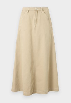 Μπεζ φούστα άλφα γραμμή με υψηλή μέση, θηλιές για ζώνη, μπροστινό κουμπί, κλείσιμο με φερμουάρ και πλαϊνές τσέπες, κατασκευασμένη από ανθεκτικό ύφασμα.