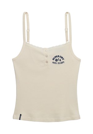 Crèmekleurige tanktop met ribstructuur, dunne verstelbare bandjes, drie knopen middenvoor en een marineblauw "Superdry LA Phys. Ed. Dept" logo op de borst.