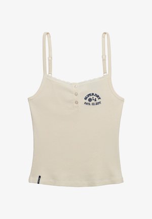 Crèmekleurige tanktop met ribstructuur, dunne verstelbare bandjes, drie knopen middenvoor en een marineblauw "Superdry LA Phys. Ed. Dept" logo op de borst.