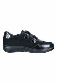 Black athletic shoes featuring a mix of matte and shiny materials, with two Velcro straps, a rounded toe, and a cushioned sole.