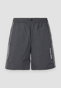Gray, lightweight shorts with an elastic waistband and drawstring. Features white side stripes and a logo detail on the left leg.