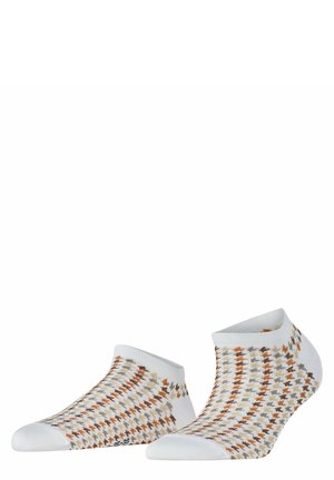 Knöchelsocken aus einem weißen, atmungsaktiven Stoff mit einem geometrischen Muster in Braun und Orange. Geripptes Bündchen für einen sicheren Sitz.