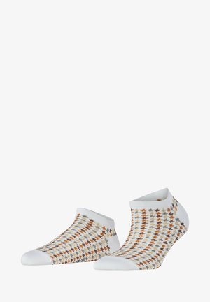 Chaussettes de cheville en tissu blanc respirant, avec un motif géométrique en marron et orange. Poignet côtelé pour un maintien sûr.