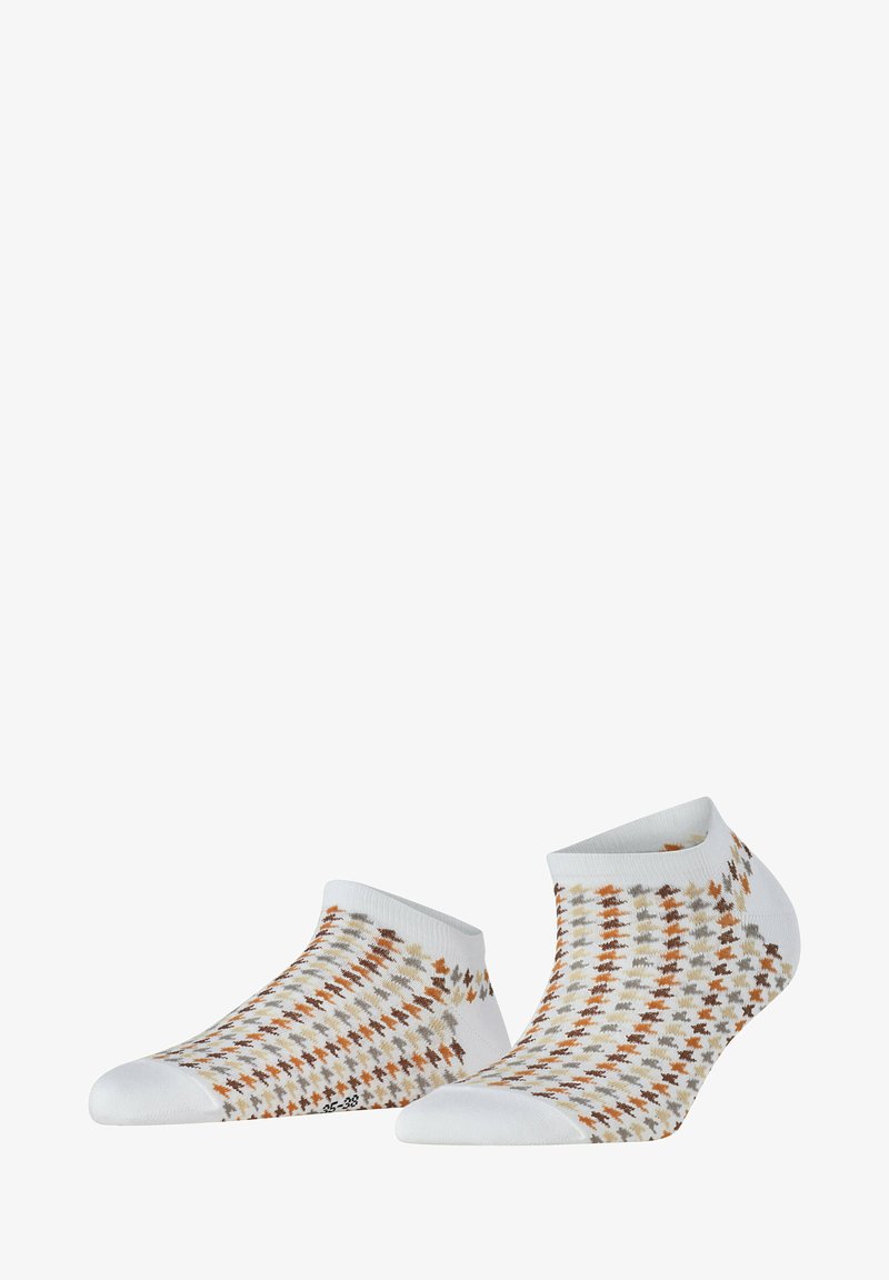 Chaussettes de cheville en tissu blanc respirant, avec un motif géométrique en marron et orange. Poignet côtelé pour un maintien sûr.